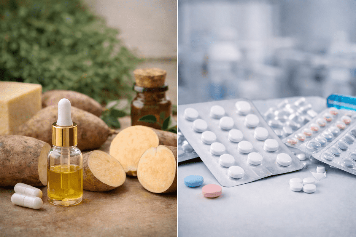Bioidentical hormones derived from wild yam plant extract shown alongside synthetic hormone pills to illustrate the difference between bioidentical vs synthetic hormones