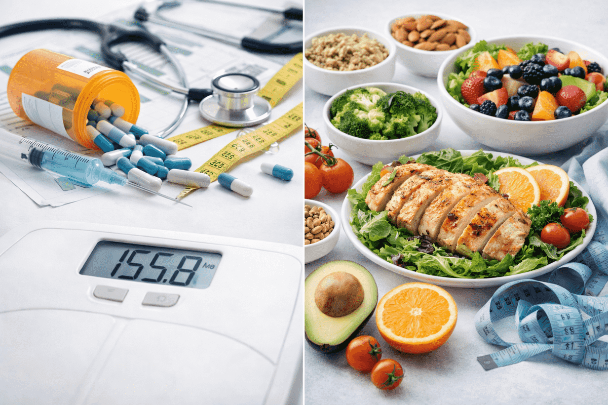 Side-by-side comparison of medical weight loss vs diet plan spread showing the difference between the two approaches