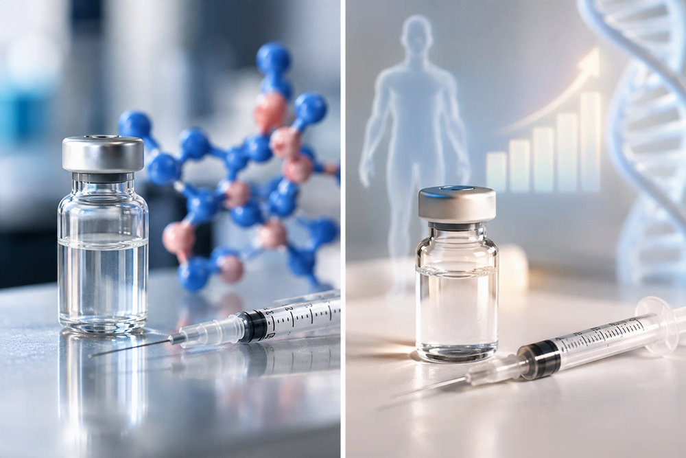 Split image showing peptide molecular structure alongside a human body silhouette and DNA helix representing the scientific distinction between peptide therapy vs HGH and how each interacts with the body differently